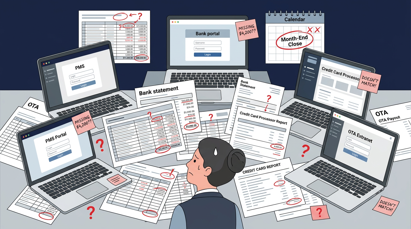 Frustrated hotel accountant surrounded by spreadsheets, bank statements, and multiple portals struggling with manual payment reconciliation
