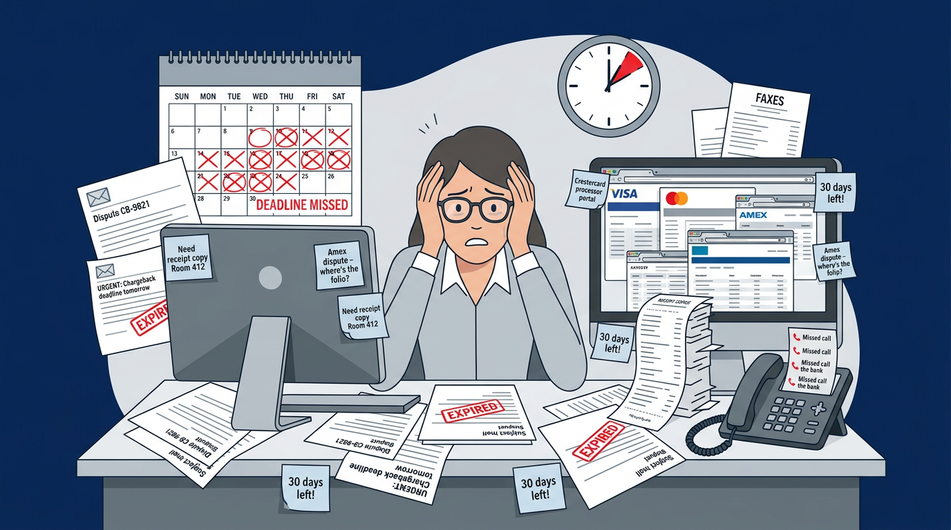 Frustrated hotel finance manager overwhelmed by scattered chargeback emails, missed deadlines, and manual evidence gathering